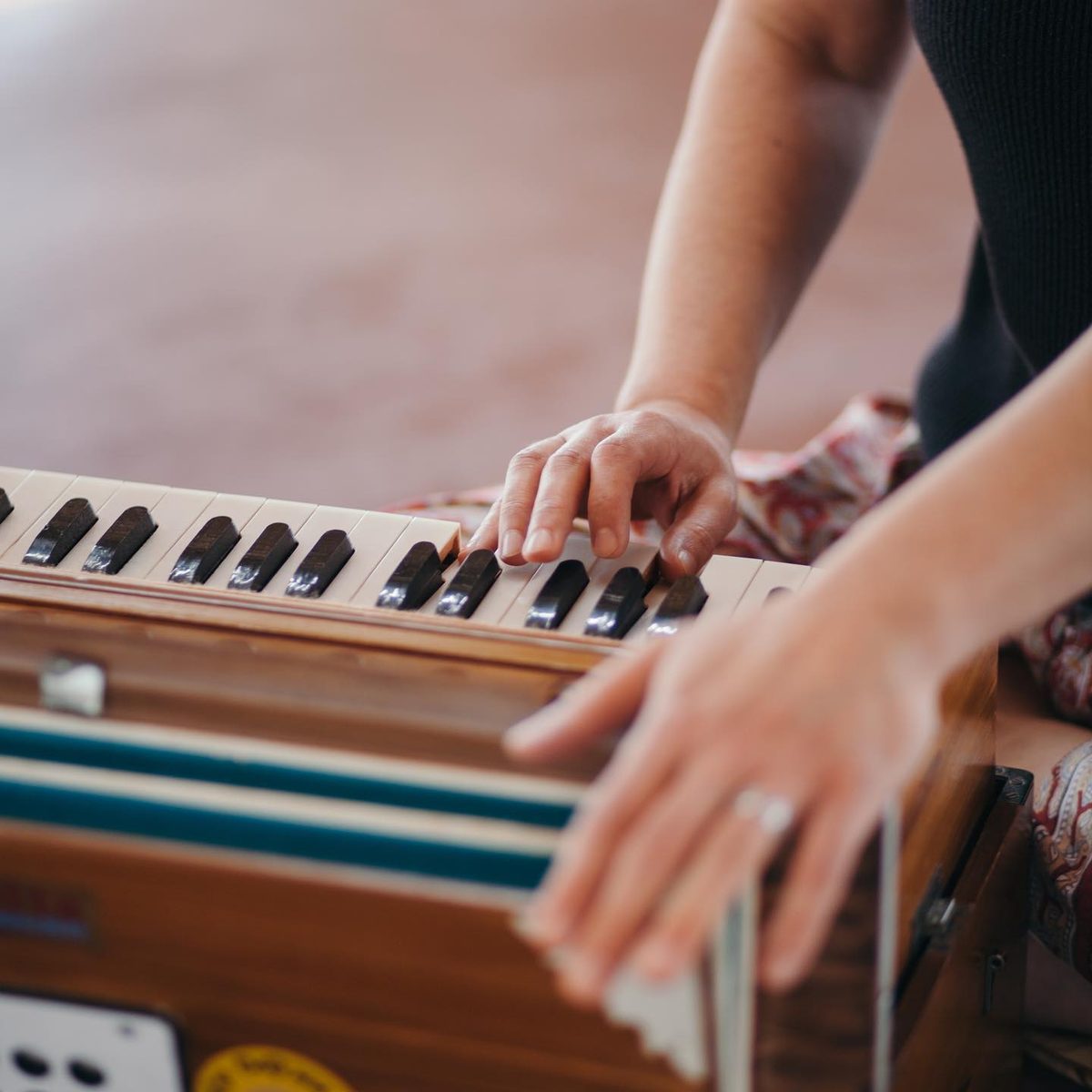 Close-up of hands playing the harmonium
