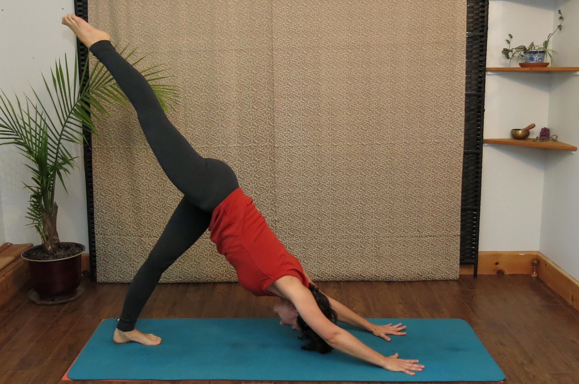 A yoga student in a downward-facing dog variation